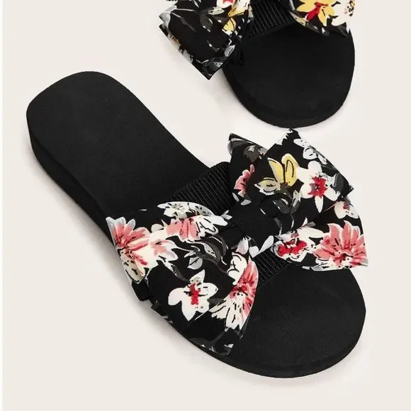 Floral Print Bow Decor Sandal Flat Women's Slides - Picture 1 of 5